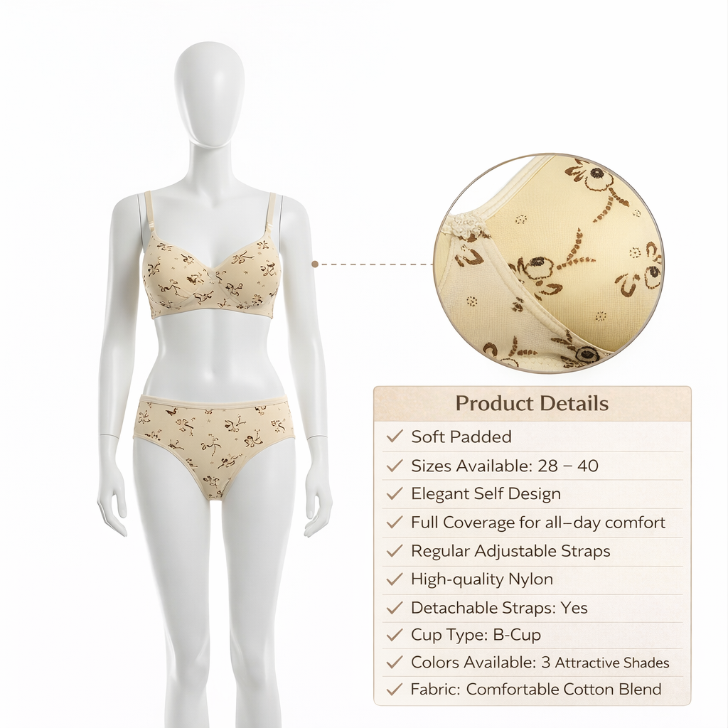 Women Padded Printed Bra Panty Set | Soft & Comfortable Designer Lingerie Set for Daily